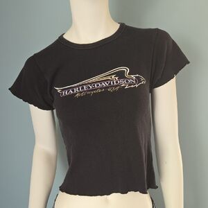 Harley-Davidson Black Short Sleeve Cropped Tee with Gold & Purple Logo